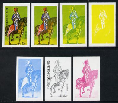 Nagaland 1977 Military Uniforms 50c (10th Hussars 19th Century) set of 7 imperf progressive colour proofs comprising the 4 individual colours plus 2, 3 and all 4-colour composites unmounted mint