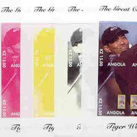 Angola 2000 Tiger Woods (The Great Champion) sheetlet containing 4 values (single image) the set of 5 imperf progressive proofs comprising various colour combinations incl complete design unmounted mint
