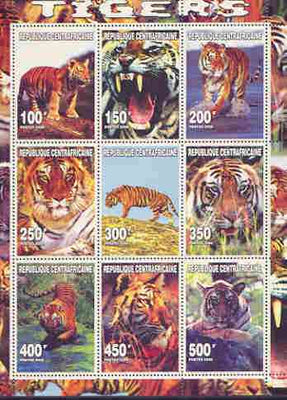 Central African Republic 2000 Tigers perf sheetlet containing complete set of 9 values unmounted mint