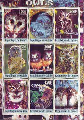 Guinea - Conakry 2000 Owls perf sheetlet containing complete set of 9 values unmounted mint