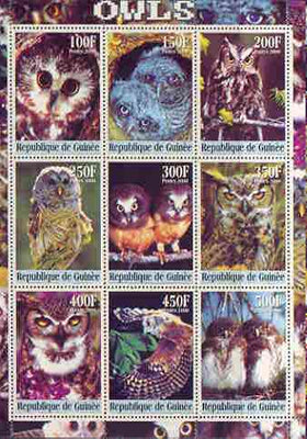 Guinea - Conakry 2000 Owls perf sheetlet containing complete set of 9 values unmounted mint