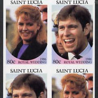 St Lucia 1986 Royal Wedding (Andrew & Fergie) 80c in unmounted mint imperf proof block of 4 (2 se-tenant pairs) without staple holes in margin and therefore not from booklets