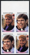 St Lucia 1986 Royal Wedding (Andrew & Fergie) 80c in unmounted mint imperf proof block of 4 (2 se-tenant pairs) without staple holes in margin and therefore not from booklets