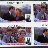 St Lucia 1986 Royal Wedding (Andrew & Fergie) $2 in unmounted mint imperf proof block of 4 (2 se-tenant pairs) without staple holes in margin and therefore not from booklets