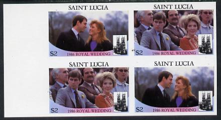 St Lucia 1986 Royal Wedding (Andrew & Fergie) $2 in unmounted mint imperf proof block of 4 (2 se-tenant pairs) without staple holes in margin and therefore not from booklets