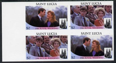 St Lucia 1986 Royal Wedding (Andrew & Fergie) $2 in unmounted mint imperf proof block of 4 (2 se-tenant pairs) without staple holes in margin and therefore not from booklets
