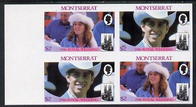 Montserrat 1986 Royal Wedding $2 in unmounted mint imperf proof block of 4 (2 se-tenant pairs) without staple holes in margin and therefore not from booklets