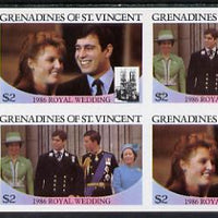 St Vincent - Grenadines 1986 Royal Wedding $2 in unmounted mint imperf proof block of 4 (2 se-tenant pairs) without staple holes in margin and therefore not from booklets