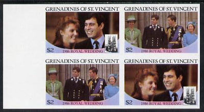 St Vincent - Grenadines 1986 Royal Wedding $2 in unmounted mint imperf proof block of 4 (2 se-tenant pairs) without staple holes in margin and therefore not from booklets