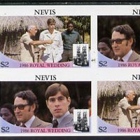 Nevis 1986 Royal Wedding $2 in unmounted mint imperf proof block of 4 (2 se-tenant pairs) without staple holes in margin and therefore not from booklets