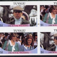 Tuvalu 1986 Royal Wedding (Andrew & Fergie) $1 in unmounted mint imperf proof block of 4 (2 se-tenant pairs) without staple holes in margin and therefore not from booklets