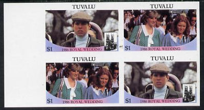 Tuvalu 1986 Royal Wedding (Andrew & Fergie) $1 in unmounted mint imperf proof block of 4 (2 se-tenant pairs) without staple holes in margin and therefore not from booklets
