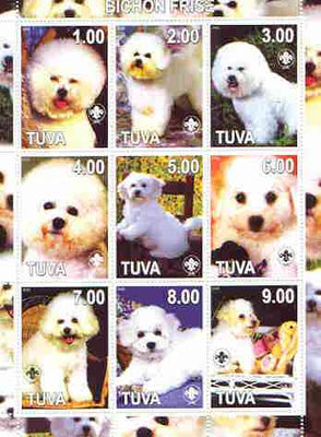 Touva 2000 Dogs (Bichon Frisé) perf sheetlet containing complete set of 9 values, each with Scout logo unmounted mint
