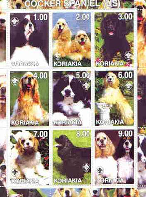 Koriakia Republic 2000 Dogs (Cocker Spaniel) perf sheetlet containing complete set of 9 values, each with Scout logo unmounted mint