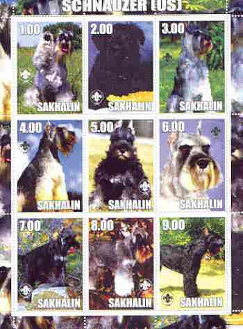 Sakhalin Isle 2000 Dogs (Schnauzer) perf sheetlet containing complete set of 9 values, each with Scout logo,unmounted mint