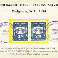 Cinderella 1964 Coolgardie Cycle Express Service reproduction postcard bearing 1s & 2s6d cycle message stamps each opt'd for Stamp Show in red, with 70th Anniversary cancels