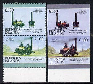 Bernera 1983 Locomotives #2 (Canterbury & Whitstable Rly) £1 se-tenant pair with red omitted plus imperf pair as normal unmounted mint