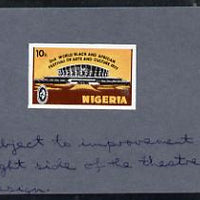 Nigeria 1977 Festival of Arts 10k (Arts Theatre) imperf machine proof mounted on small card endorsed "Approved, subject to improvement of the shade at the top right side of the theatre to be lighter as in the design"