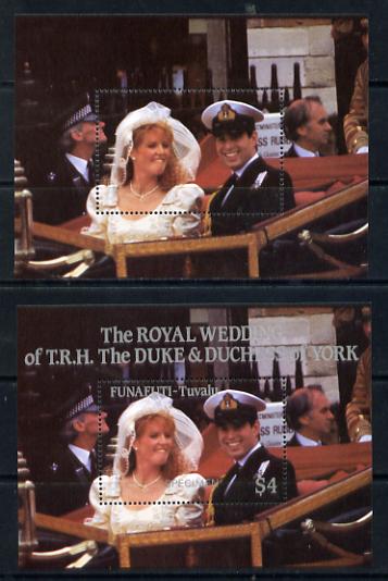 Tuvalu - Funafuti 1986 Royal Wedding (Andrew & Fergie) $4 perf m/sheet with silver omitted (inscription, value & Country) plus normal opt'd SPECIMEN unmounted mint
