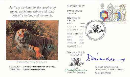 Great Britain 1998 Year of the Tiger illustrated cover (by David Shepherd) with special 'Elephant' cancel, signed by David Gower (Trustee)