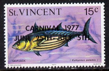 St Vincent 1977 Fish 15c with black Carnival overprint error (SG 533a)