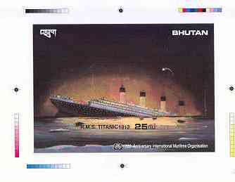 Bhutan 1989 International Maritime Organisation - Intermediate stage computer-generated essay #1 (as submitted for approval) for 25nu m/sheet (Sinking of the Titanic) 185 x 130 mm very similar to issued design plus marginal markin……Details Below