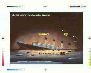 Bhutan 1989 International Maritime Organisation - Intermediate stage computer-generated essay #3 (as submitted for approval) for 25nu m/sheet (Sinking of the Titanic) 185 x 130 mm very similar to issued design plus marginal markin……Details Below