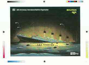 Bhutan 1989 International Maritime Organisation - Intermediate stage computer-generated essay #4 (as submitted for approval) for 25nu m/sheet (Sinking of the Titanic) 185 x 130 mm very similar to issued design plus marginal markin……Details Below