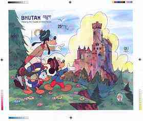 Bhutan 1985 Walt Disney 'A Tramp Abroad' by Mark Twain - Intermediate stage computer-generated essay #2 (as submitted for approval) for 25nu m/sheet (Viewing the Castle) 175 x 140 mm very similar to issued design plus marginal mar……Details Below