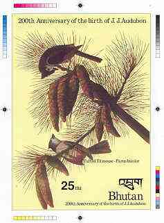 Bhutan 1985 John Audubon Bicentenary - Intermediate stage computer-generated essay #1 (as submitted for approval) for 25nu m/sheet (Tufted Titmouse) 140 x 200 mm very similar to issued design plus marginal markings, ex Government ……Details Below