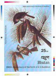 Bhutan 1985 John Audubon Bicentenary - Intermediate stage computer-generated essay #2 (as submitted for approval) for 25nu m/sheet (Tufted Titmouse) 140 x 200 mm very similar to issued design plus marginal markings, ex Government ……Details Below