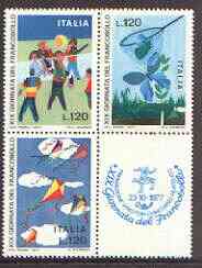 Italy 1977 Stamp Day se-tenant block (3 stamps plus label) unmounted mint SG 1532-34