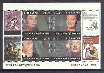 Gibraltar 1995 Centenary of the Cinema m/sheet #1 (Marilyn, R Schneider, Y Montand & A Hepburn) unmounted mint SG MS 756a