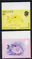 Belize 1984-88 Damselfish $5 def imperf progressive marginal proofs in red & blue and yellow & black, 2 proofs unmounted mint as SG 780