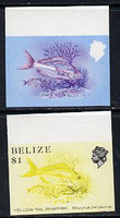 Belize 1984-88 Snapper fish $1 def imperf progressive marginal proofs in red & blue and yellow & black, 2 proofs unmounted mint as SG 778
