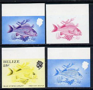 Belize 1984-88 Blue-striped Grunt 25c def imperf progressive proofs in blue, red, red & blue and yellow & black, 4 proofs unmounted mint as SG 774