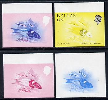 Belize 1984-88 Blueheads 15c def imperf progressive marginal proofs in blue, red, red & blue and yellow & black, 4 proofs unmounted mint as SG 773