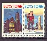 Cinderella - United States 1974 Boys Town, Nebraska fine mint set of 2 labels showing Boy carrying another and Church at Night