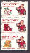 Cinderella - United States 1990 Boys Town, Nebraska fine mint set of 3 labels showing Boy Carrying Another (with red text and dated)
