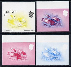 Belize 1984-88 Fairy Basslet 4c def imperf progressive marginal proofs in blue, red, red & blue and yellow & black, 4 proofs unmounted mint as SG 769