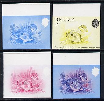 Belize 1984-88 Butterflyfish 1c def imperf progressive marginal proofs in blue, red, red & blue and yellow & black, 4 proofs unmounted mint, as SG 766
