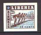 Liberia 1955 Swimming 12c imperf proof in brown and blue printed on ungummed magazine paper, as SG 760