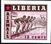 Liberia 1955 Swimming 12c imperf proof of brown only (as SG 760) superimposed with magenta printing of 10c Baseball stamp (SG 759) on ungummed paper