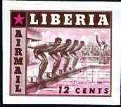 Liberia 1955 Swimming 12c imperf proof of brown only (as SG 760) superimposed with magenta printing of 10c Baseball stamp (SG 759) on ungummed paper