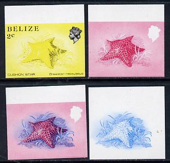 Belize 1984-88 Cushion Star 2c def imperf progressive marginal proofs in blue, red, red & blue and yellow & black, 4 proofs unmounted mint as SG 767