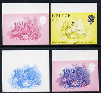 Belize 1984-88 Tube Sponge 60c def imperf progressive marginal proofs in blue, red, red & blue and yellow & black, 4 proofs unmounted mint as SG 776