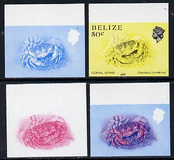 Belize 1984-88 Coral Crab 50c def imperf progressive marginal proofs in blue, red, red & blue and yellow & black, 4 proofs unmounted mint as SG 775