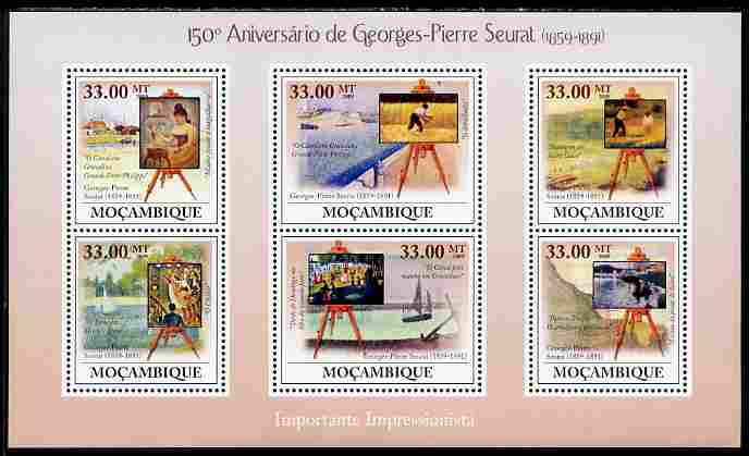 Mozambique 2009 150th Birth Anniversary of Georges-Pierre Seurat perf sheetlet containing 6 vaues unmounted mint