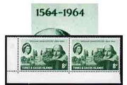 Turks & Caicos Islands 1964 400th Birth Anniversary of Shakespeare 8d unmounted mint pair, one stamp with 'line through date' variety, (R10/1) SG 257var