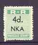Northern Rhodesia 1951-68 Railway Parcel stamp 4d (small numeral) overprinted NKA (Nkana Kitwe) unmounted mint*